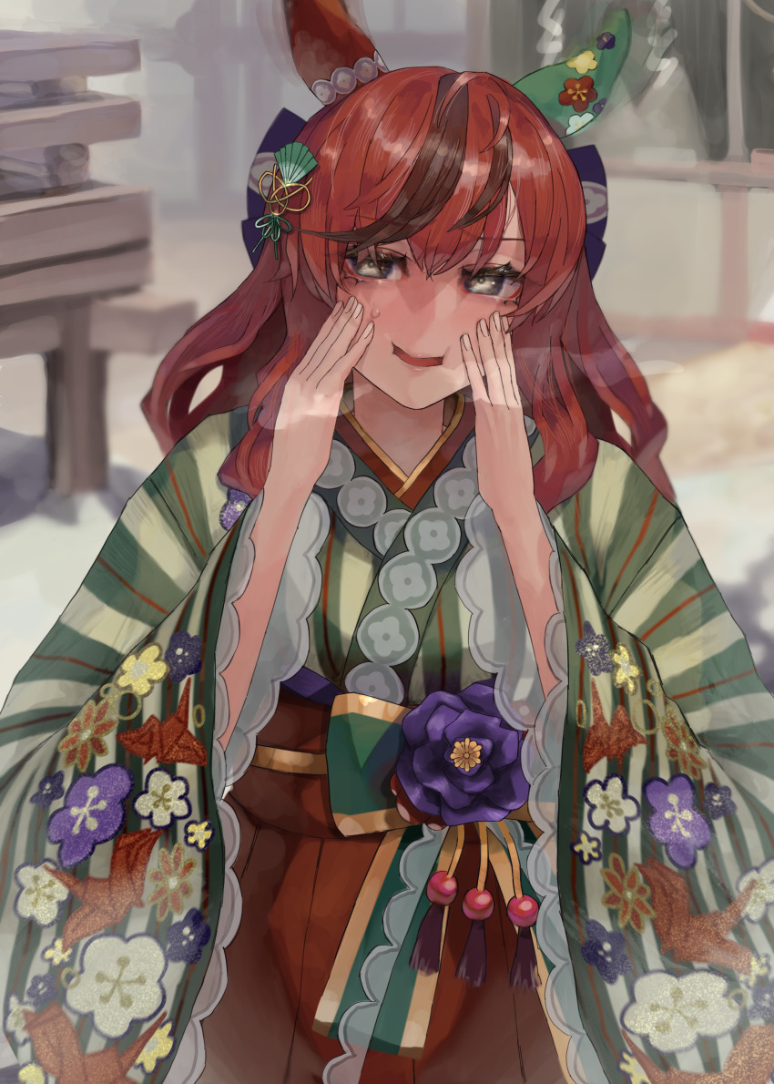 1girl absurdres animal_ears blurry blurry_background blush brown_eyes collarbone commentary_request ear_covers fidgeting hair_ornament heavy_breathing highres horse_ears horse_girl japanese_clothes kimono long_hair looking_at_viewer medium_hair nice_nature_(converging_wishes)_(umamusume) nice_nature_(umamusume) official_alternate_costume official_alternate_hairstyle open_mouth outdoors red_hair shrine solo sparkle tonariuta umamusume