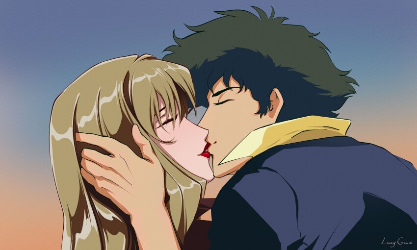 absurdres blonde_hair couple cowboy cowboy_bebop curly_hair green_hair highres julia_(cowboy_bebop) kiss lucyguusi spike_spiegel western