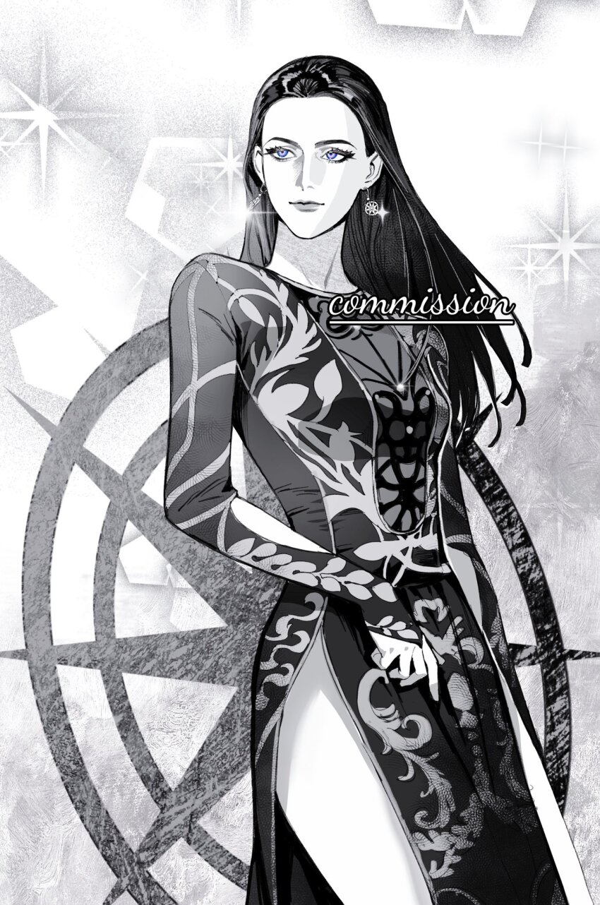 1girl baldur&#039;s_gate baldur&#039;s_gate_3 cowboy_shot dress dungeons_&amp;_dragons dungeons_&amp;_dragons earrings highres ichijo_(cyxxx123) jewelry long_hair long_sleeves mystra_(baldur&#039;s_gate) purple_eyes side_slit solo sparkle spot_color