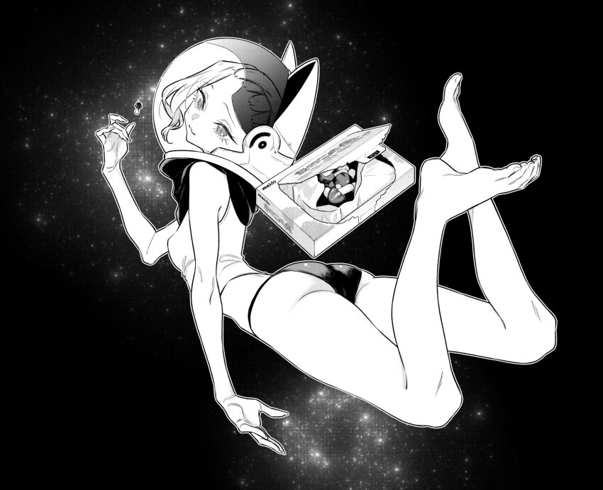 1girl anjou_(yancha_gal) bare_arms bare_legs bare_shoulders floating full_body greyscale helmet highres monochrome solo space space_helmet yancha_gal_no_anjou-san yuuichi_katou