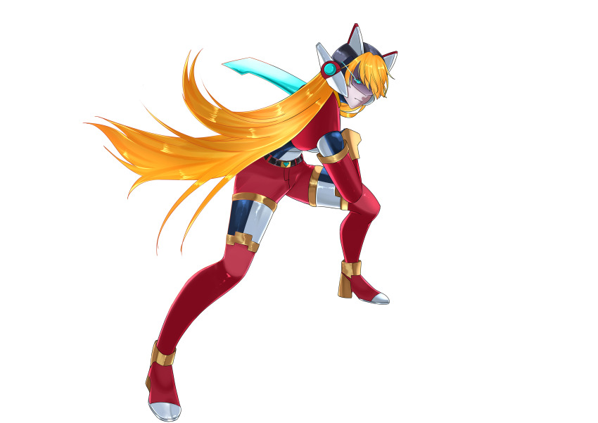1girl absurdres alternate_costume alternate_hairstyle armor energy_sword belt blonde_hair blue_eyes bodystocking boots breasts chest_jewel ciel_(mega_man) commission commissioner_upload elbow_gloves energy_sword fighting_stance full_body gloves glowing glowing_eye helmet highres holding holding_weapon long_hair looking_at_viewer mechanical_ears mega_man_(series) mega_man_zero_(series) mega_man_zx model_z_(mega_man) n_dreamed non-web_source shorts small_breasts sword thigh_boots transparent_background weapon