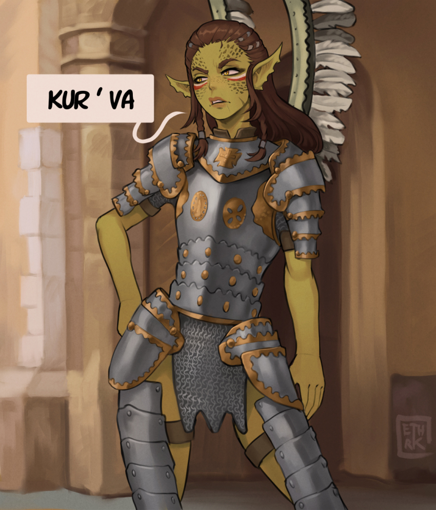 1girl alternate_costume annoyed armor artist_logo artist_name baldur&#039;s_gate baldur&#039;s_gate_3 braid breastplate brown_hair chainmail colored_skin commentary contrapposto cowboy_shot dungeons_&amp;_dragons dungeons_&amp;_dragons english_commentary ethrkart faulds gith_(d&amp;d) gorget green_skin hand_on_own_hip highres lae&#039;zel logo long_hair pauldrons pelvic_curtain pointy_ears polish_text profanity scar scar_on_face shoulder_armor solo speech_bubble tassets twin_braids winged_hussar