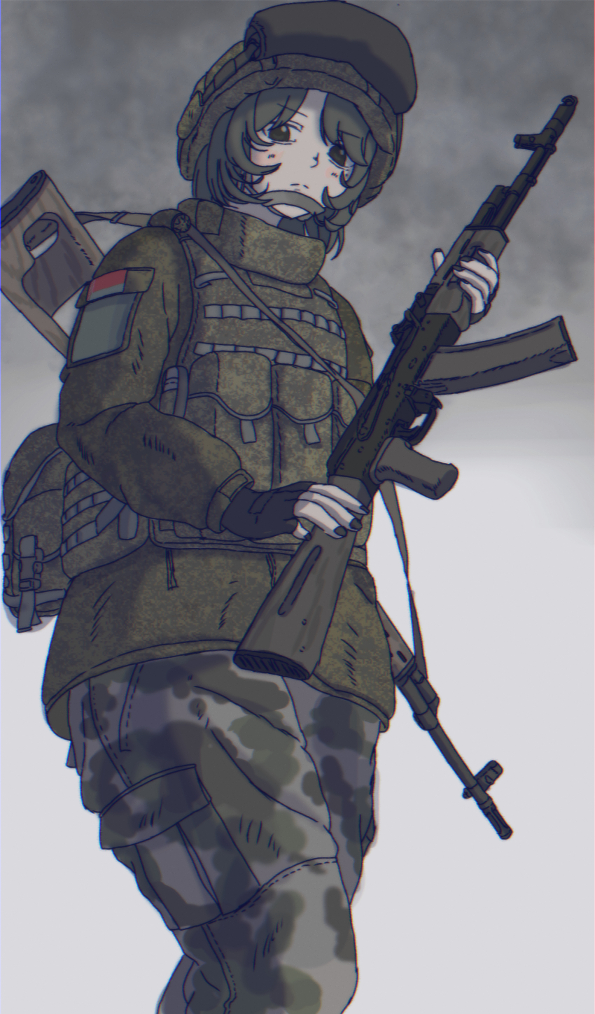 1girl absurdres ak-74 alyona_(random_weeb) assault_rifle b1-517 belarusian_flag belarusian_ground_forces black_eyes black_hair borrowed_character camouflage camouflage_pants chin_strap dragunov_svd from_below grey_sky gun helmet highres kalashnikov_rifle load_bearing_equipment military_combat_uniform military_uniform original pants patch rifle sky sniper_rifle solo weapon