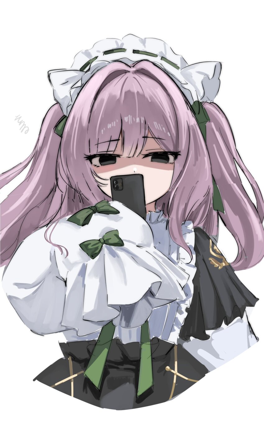 1girl azur_lane black_eyes blank_eyes cellphone commentary_request cropped_torso dress frilled_dress frilled_hairband frills green_ribbon hair_ribbon hairband highres holding holding_phone medium_hair phone purple_hair ribbon shaded_face simple_background sleeves_past_fingers sleeves_past_wrists smartphone solo soul_(dp11) unamused vittorio_cuniberti_(azur_lane) white_background
