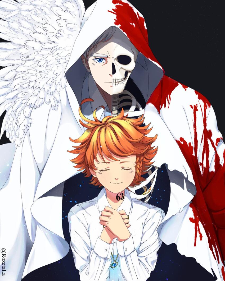 blood button_eyes buttons emma_(yakusoku_no_neverland) green_eyes highres neck_tattoo norman_(yakusoku_no_neverland) number_tattoo orange_hair pants shirt short_hair skeleton tattoo white_hair white_pants white_shirt yakusoku_no_neverland