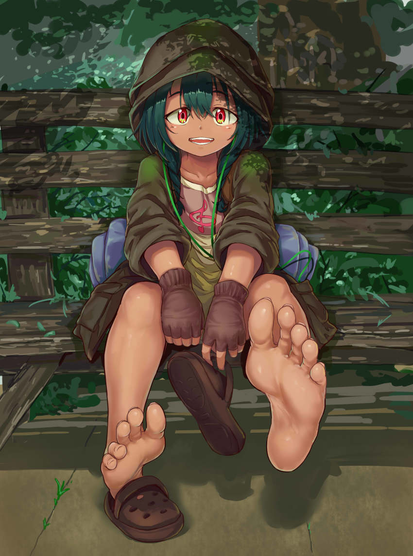 1girl absurdres anoshiras_ii anosillus_ii aomoro bad_id bad_pixiv_id bare_legs barefoot brown_hood crocs earphones feet foot_focus foreshortening green_hair gridman_universe highres holding holding_shoes hood hood_up kaiju red_eyes sandals shoes unworn_shoes short_hair sitting soles ssss.gridman toes