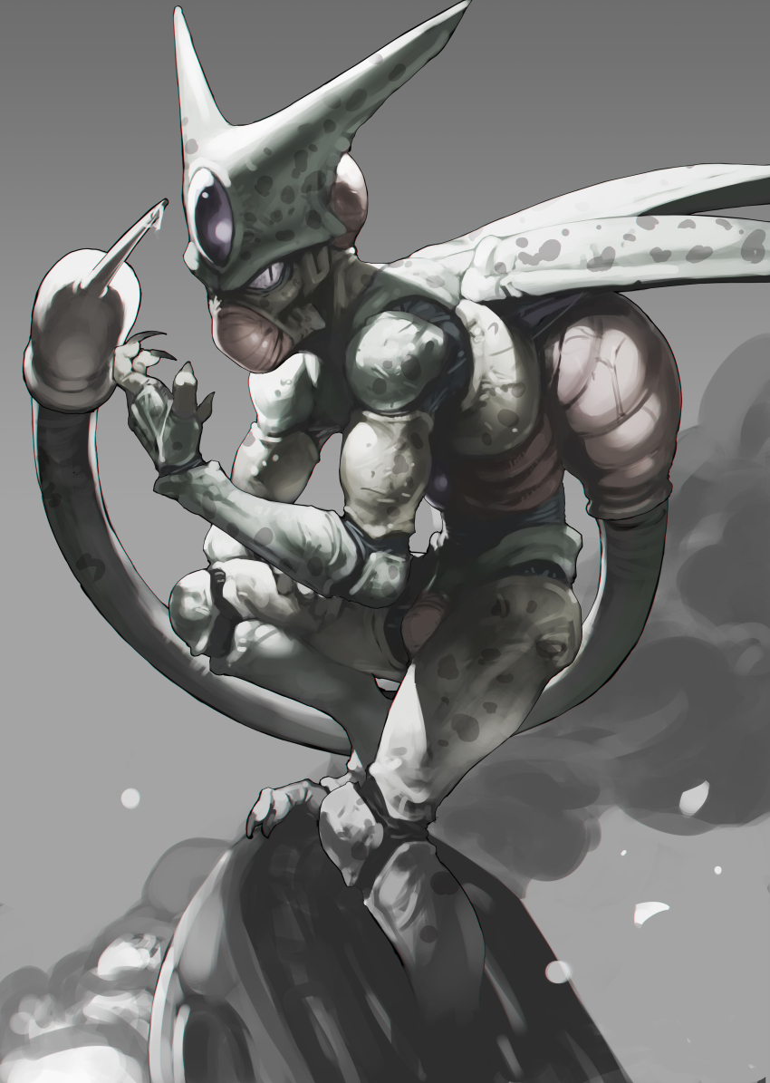 1boy absurdres android ataruman cell_(dragon_ball) claws commentary_request dragon_ball dragonball_z gradient_background grey_background highres imperfect_cell looking_at_viewer male_focus monster slit_pupils smile solo tail tail_raised wings