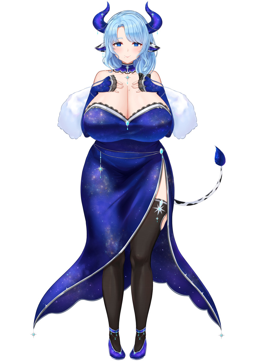 1girl absurdres animal_ears asymmetrical_hair asymmetrical_sidelocks bare_shoulders black_bow black_thighhighs blue_collar blue_dress blue_eyes blue_hair blue_pupils blue_shoes blue_sleeves bow breasts bright_pupils cleavage closed_mouth collar collarbone cow_ears cow_girl cow_horns cow_tail cream_cod detached_collar detached_sleeves dress earrings full_body hair_bow hands_on_own_chest highres horns huge_breasts indie_virtual_youtuber jewelry lace_trim long_hair long_sleeves miilkywayz mole mole_on_breast mole_under_eye mole_under_mouth official_art parted_bangs shoes side_slit sidelocks sleeves_past_wrists smile solo standing star-shaped_pupils star_(symbol) straight-on strapless strapless_dress symbol-shaped_pupils tachi-e tail thighhighs transparent_background virtual_youtuber