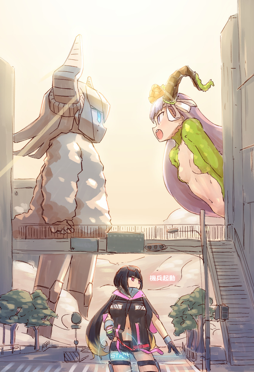 3girls breasts cleavage elizabeth_bathory_(fate) fate_(series) giant giantess highres horns kingprotea_(fate) mecha_eli-chan_mk.ii_(fate) moss multiple_girls open_mouth osakabehime_(fate) small_breasts