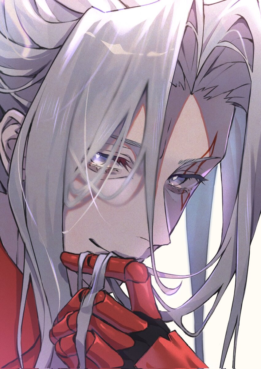 1boy arm_up close-up closed_mouth commentary curtained_hair english_commentary eyelashes facial_mark finger_to_mouth fulgur_ovid fulgur_ovid_(1st_costume) grey_eyes highres long_hair looking_to_the_side male_focus nijisanji nijisanji_en red_shirt shirt sideways_glance smile solo tang0410 virtual_youtuber white_background white_hair