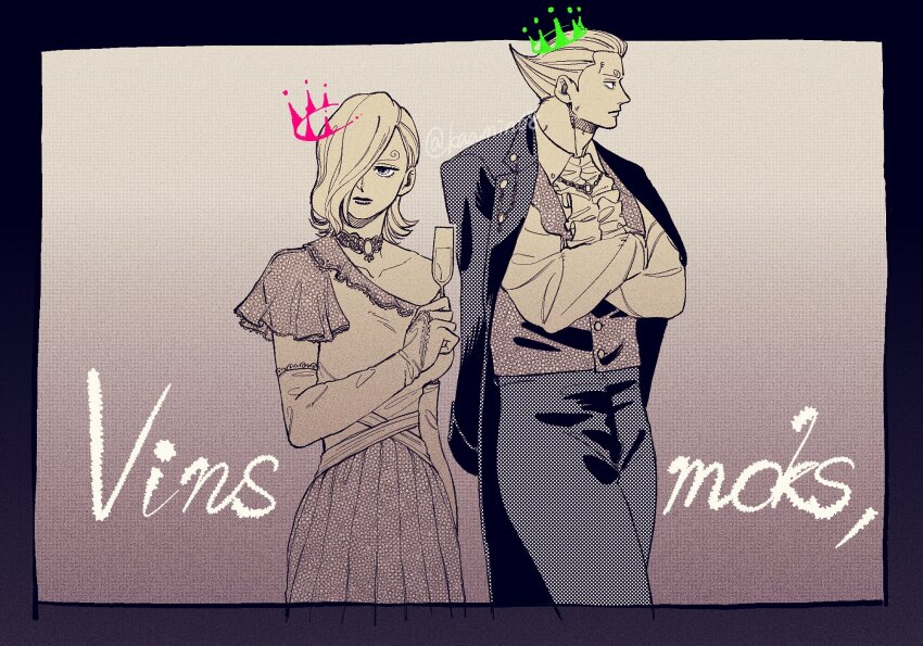 1boy 1girl brother_and_sister character_name closed_mouth commentary_request cowboy_shot crossed_arms crown cup curly_eyebrows dress greyscale hair_over_one_eye highres holding holding_cup jewelry larugo0513 limited_palette looking_to_the_side monochrome necklace one_piece short_hair siblings vinsmoke_reiju vinsmoke_yonji