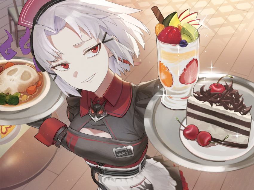 1girl apron black_dress black_gloves bow breasts drake_(maid_for_villain)_(nikke) drake_(nikke) dress frills gloves goddess_of_victory:_nikke hair_bow long_sleeves looking_at_viewer maid maid_apron maid_headdress nihine_(u-u115) puffy_sleeves red_eyes short_hair smile solo thighhighs white_hair
