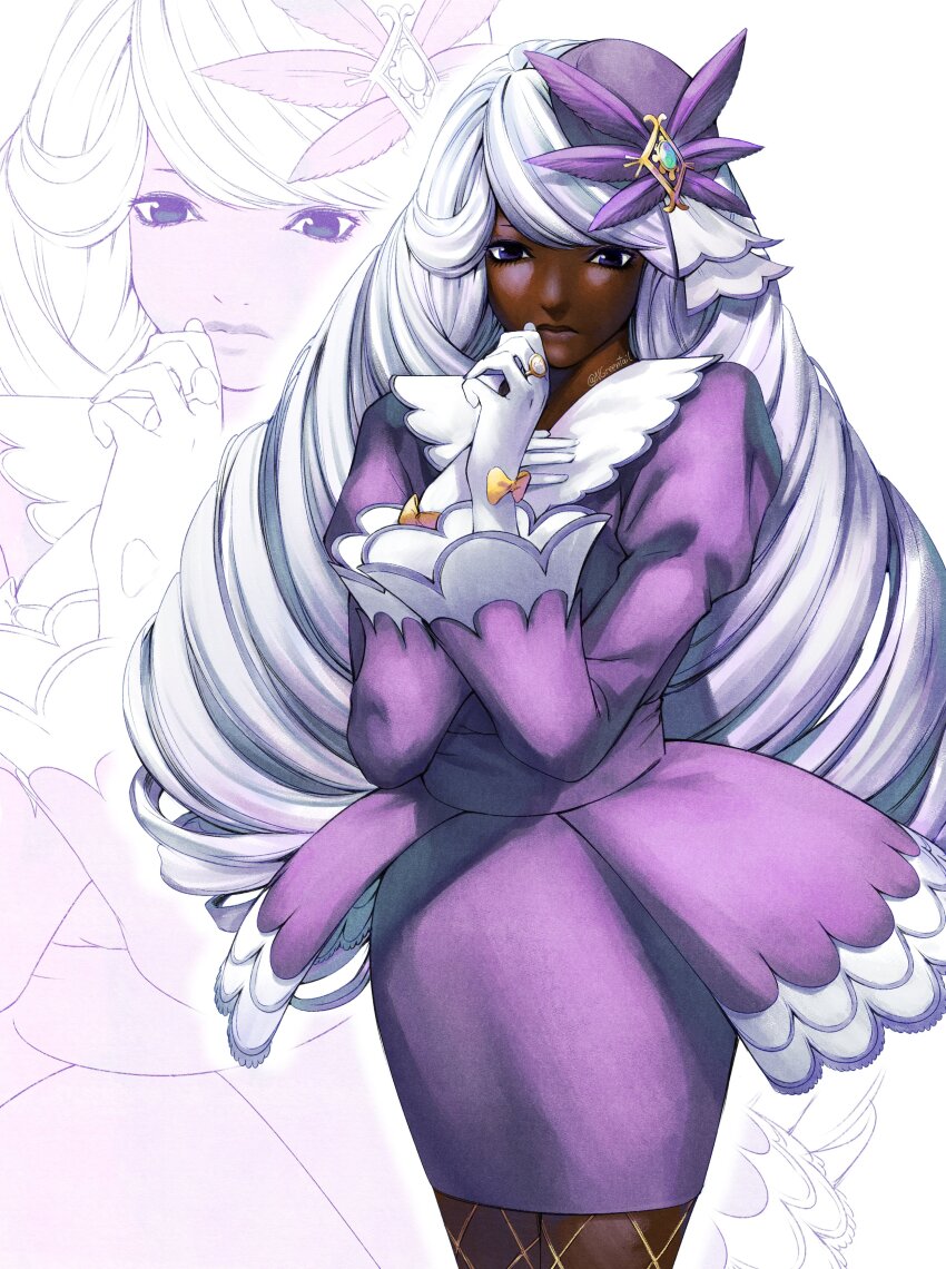 1girl absurdres artist_name ascot brooch cowboy_shot dark-skinned_female dark_skin dress eyelashes fascinator fishnet_pantyhose fishnets frilled_ascot frills gloves gold_ring hair_ornament hand_on_own_chest hand_to_own_mouth hands_up highres jacinthe_(pokemon) jewelry juliet_sleeves long_hair long_sleeves looking_at_viewer low_drills mega_stone nifast_(greentail) nintendo pantyhose pokemon pokemon_legends:_z-a puffy_sleeves purple_dress purple_eyes purple_hair pursed_lips ring solo very_dark_skin white_gloves