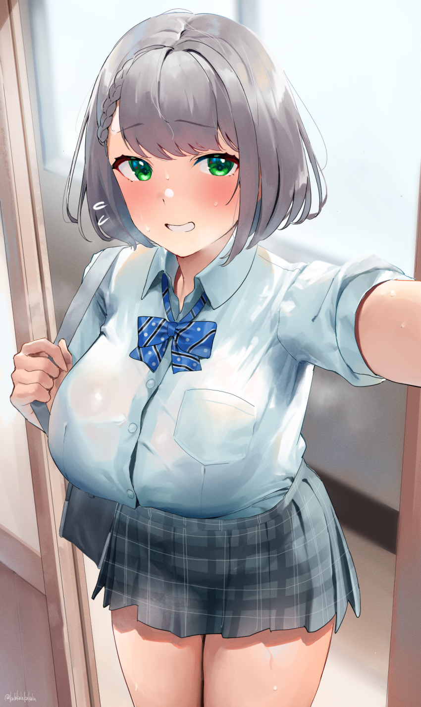 1girl :d arm_up bag blue_bow blue_bowtie blush bow bowtie braid breasts collared_shirt cowboy_shot dress_shirt flying_sweatdrops frikulu green_eyes grey_hair grey_skirt grin highres hololive indoors large_breasts miniskirt nervous_smile open_door open_mouth outstretched_arm parted_lips plaid_clothes plaid_skirt pleated_skirt selfie shirogane_noel shirogane_noel_(school_uniform) shirt short_hair shoulder_bag side_braid skirt smile solo steaming_body virtual_youtuber