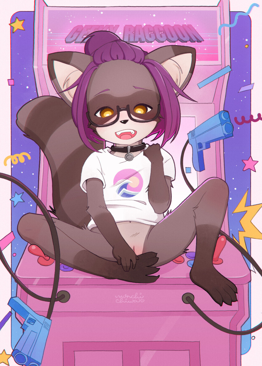 1girl absurdres animal_ears animal_nose arcade_cabinet artist_name black-framed_eyewear black_choker borrowed_character bottomless choker female_focus full_body glasses gun highres light_gun looking_at_viewer monchichiwa open_mouth original purple_hair pussy pussy_peek raccoon_ears raccoon_girl raccoon_tail semi-rimless_eyewear shirt short_hair short_sleeves sitting solo tail teeth thighs tongue upper_teeth_only weapon white_shirt yellow_eyes