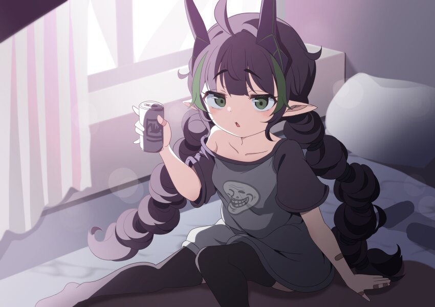 ahoge artist_request bandaid bandaid_on_arm bandaid_on_finger bandaid_on_forearm bed beer_can black_shirt black_socks blush can collarbone drink_can drunk elfinpsyop green_eyes highres holding_beer horns indie_virtual_youtuber long_shirt mechanical_horns pointy_ears raised_eyebrows shirt sitting socks white_curtains