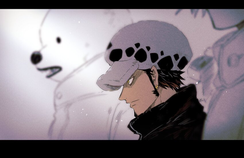 4boys bear bepo_(one_piece) black_coat black_hair closed_mouth coat earrings facial_hair goatee hat jewelry letterboxed looking_ahead multiple_boys one_piece penguin_(one_piece) potechi_norisio profile shachi_(one_piece) short_hair sideburns trafalgar_law turtleneck_coat