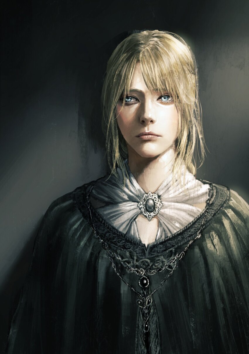 1girl black_cloak blonde_hair blue_eyes cloak elden_ring fia_the_deathbed_companion highres looking_to_the_side portrait solo tumitumico