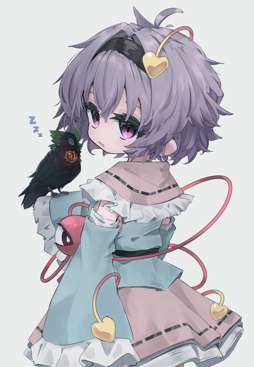 1girl animal_on_arm bird black_bird blue_shirt blue_sleeves blush commentary cowboy_shot crow detached_sleeves frilled_sleeves frills from_behind hair_intakes hair_ornament hair_over_hairband heart heart_hair_ornament highres komeiji_satori long_sleeves looking_at_viewer mr.turtle_head open_mouth pink_skirt purple_eyes purple_hair reiuji_utsuho reiuji_utsuho_(bird) ribbon-trimmed_collar ribbon-trimmed_skirt ribbon_trim shirt short_hair simple_background skirt sleeveless sleeveless_shirt standing third_eye touhou white_background wide_sleeves zzz
