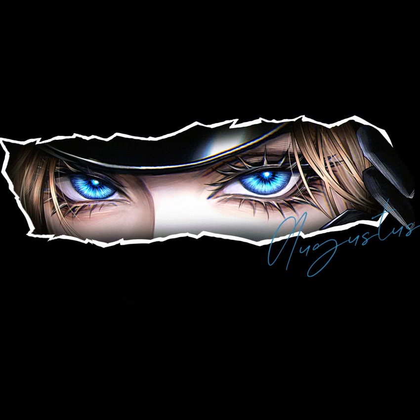 1girl augustus_(path_to_nowhere) black_background black_gloves black_hat blonde_hair character_name chinese_commentary commentary eye_focus eyelashes gloves hat highres looking_at_viewer path_to_nowhere simple_background solo yu_zhezhe