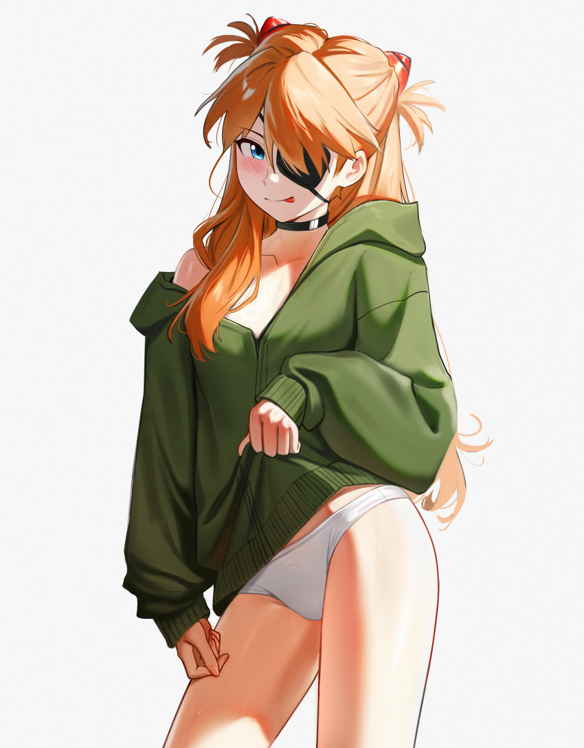 1girl :p absurdres black_choker blue_eyes blush breasts choker closed_mouth commentary contrapposto cowboy_shot english_commentary evangelion:_3.0+1.0_thrice_upon_a_time eyepatch green_hoodie hair_over_shoulder hairpods highres hood hoodie interface_headset_(evangelion) long_hair long_sleeves looking_at_viewer medium_breasts neon_genesis_evangelion no_pants off_shoulder one-eyed orange_hair paid_reward_available panties puffy_long_sleeves puffy_sleeves rebuild_of_evangelion simple_background smile solo souryuu_asuka_langley split_mouth standing tongue tongue_out underwear very_long_hair waligner white_background white_panties
