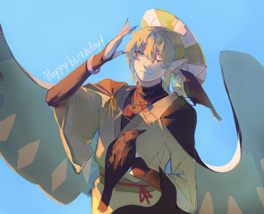 1boy animal animal_on_shoulder arm_up bird bird_on_hand bird_on_shoulder black_gloves black_shirt blonde_hair blue_background chinese_commentary closed_mouth commentary_request crow dream_smp earrings english_text fingerless_gloves gloves green_sash happy_birthday hat heibaihuabing highres japanese_clothes jewelry kimono male_focus minecraft_youtube one_eye_closed ph1lza pointy_ears sash shirt short_hair simple_background smile solo two-tone_hat white_kimono white_wings wings