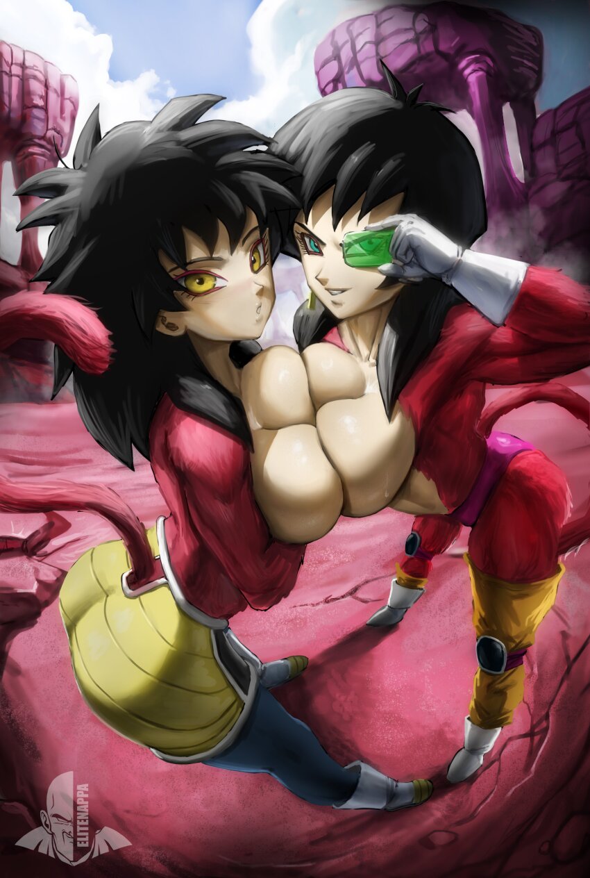 2girls absurdres aqua_eyes artist_name ass black_hair blue_sky blush body_fur boots breast_press breasts breasts_out canyon cloud dragon_ball dragon_ball_gt dragon_ball_minus dragonball_z earrings elite_nappa facing_viewer full_body gine gloves grin hand_up happy highres jewelry large_breasts leaning_forward looking_at_viewer medium_hair monkey_tail multiple_girls nappa outdoors parted_lips saiyan scouter seripa shy skirt sky smile smirk spiked_hair standing super_saiyan super_saiyan_4 symmetrical_docking tail teeth topless_female white_gloves yellow_eyes
