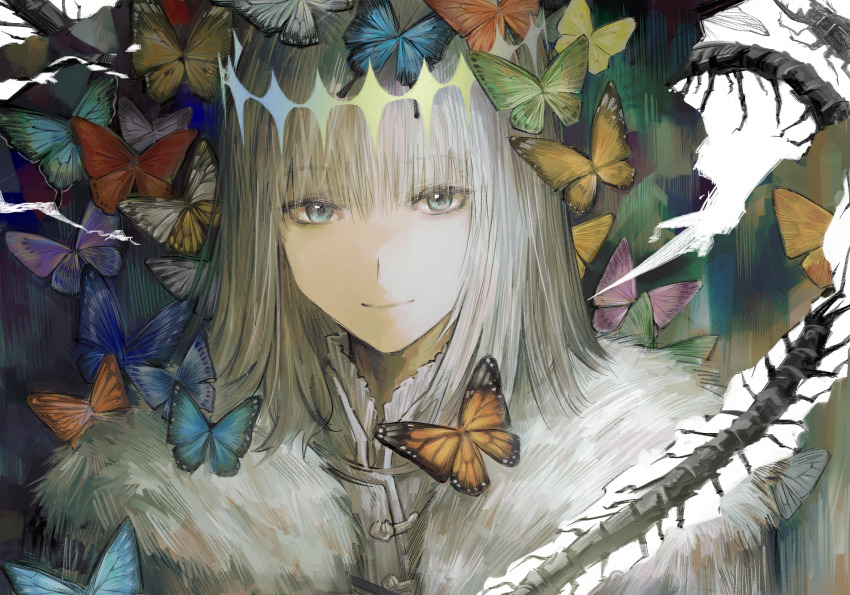 1boy blue_butterfly blue_eyes bug butterfly cape centipede diamond_hairband fate/grand_order fate_(series) fur-trimmed_cape fur_trim green_butterfly grey_butterfly grey_hair highres insect light_smile looking_at_viewer male_focus medium_hair multicolored_butterfly oberon_(fate) oberon_(second_ascension)_(fate) red_butterfly satunsatun shirt sidelocks solo stag_beetle too_many too_many_butterflies upper_body white_cape white_shirt yellow_butterfly