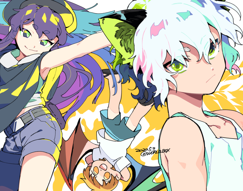 1girl 2boys animal_ears arm_up armpits belt brown_hair cat_boy cat_ears copyright_request cowboy_shot dated green_eyes long_hair luo_xiaohei luo_xiaohei_(human) luo_xiaohei_zhanji multiple_boys orange_eyes purple_hair short_hair twitter_username upper_body upside-down vox white_hair wings