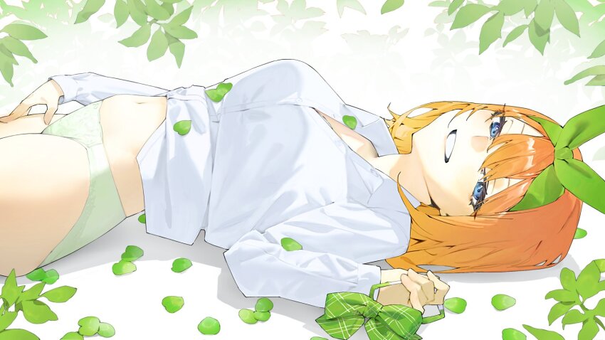 1girl blue_eyes bow bowtie clover four-leaf_clover go-toubun_no_hanayome green_panties green_ribbon grin hair_ribbon highres holding holding_bow_(ornament) holding_ribbon long_sleeves looking_at_viewer lying mi8pq midriff_peek nakano_yotsuba no_pants on_back orange_hair panties ribbon seductive_smile shirt short_hair smile smug solo textless_version thighs unbuttoned unbuttoned_shirt underwear unworn_bowtie white_shirt