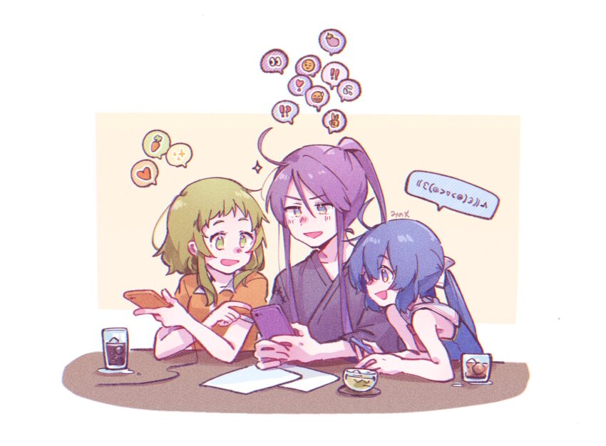 1boy 2girls ahoge blue_eyes blue_hair bow green_eyes green_hair gumi hair_bow highres japanese_clothes kamui_gakupo kimono long_hair mi_no_take multiple_girls open_mouth orange_shirt otomachi_una purple_hair purple_kimono shirt short_sleeves sidelocks simple_background smile spoken_emoji twintails very_long_hair vocaloid white_background white_bow