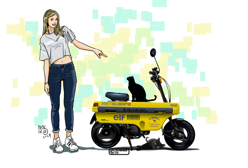 1girl 2024 artist_collaboration black_cat black_eyes blonde_hair blue_pants cable cat grey_background highres honda honda_motocompo leaning_to_the_side looking_at_viewer masahiro_furuya midriff_peek motor_vehicle navel nimbus_goldbrum original pants parted_lips pointing scooter shadow shoes smile sneakers solo vehicle_focus white_shoes