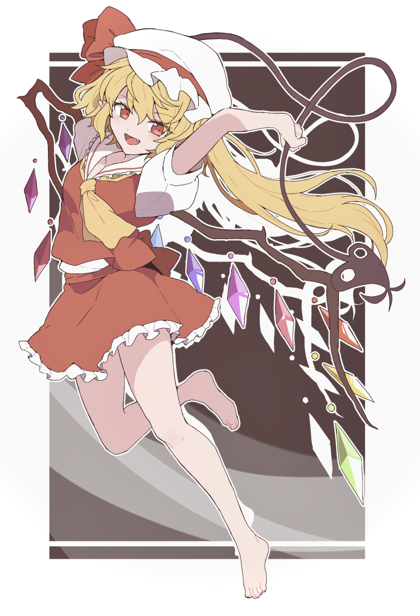 1girl absurdres bare_legs barefoot blonde_hair border breasts brown_background collared_shirt crystal fang feet flandre_scarlet frilled_shirt_collar frilled_skirt frills full_body hat hat_ribbon head_tilt highres holding holding_polearm holding_weapon laevatein_(touhou) legs long_hair looking_at_viewer mob_cap multicolored_wings neckerchief no_socks nojima_minami one_side_up open_mouth polearm puffy_short_sleeves puffy_sleeves red_eyes red_ribbon red_skirt red_vest ribbon shirt short_sleeves simple_background skirt skirt_set small_breasts solo toenails toes touhou very_long_hair vest weapon white_border white_hat white_shirt wings yellow_neckerchief