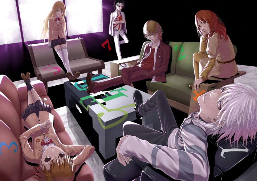 +_+ 3boys 3girls absurdres accelerator_(toaru_majutsu_no_index) bad_id bad_pixiv_id black_eyes black_hair blazer bleachist blonde_hair brown_eyes brown_hair choker coin couch dress gloves green_upholstery hair_ornament hairpin headband highres hirotaka jacket kakine_teitoku long_hair lying misaka_mikoto mugino_shizuri multiple_boys multiple_girls pantyhose pleated_skirt red_eyes rising_sun_flag school_uniform shirt shokuhou_misaki sitting skirt slouching sogiita_gunha striped_clothes striped_shirt sunburst symbol-shaped_pupils thighhighs toaru_kagaku_no_railgun toaru_majutsu_no_index white_gloves white_hair white_legwear white_upholstery window yellow_eyes