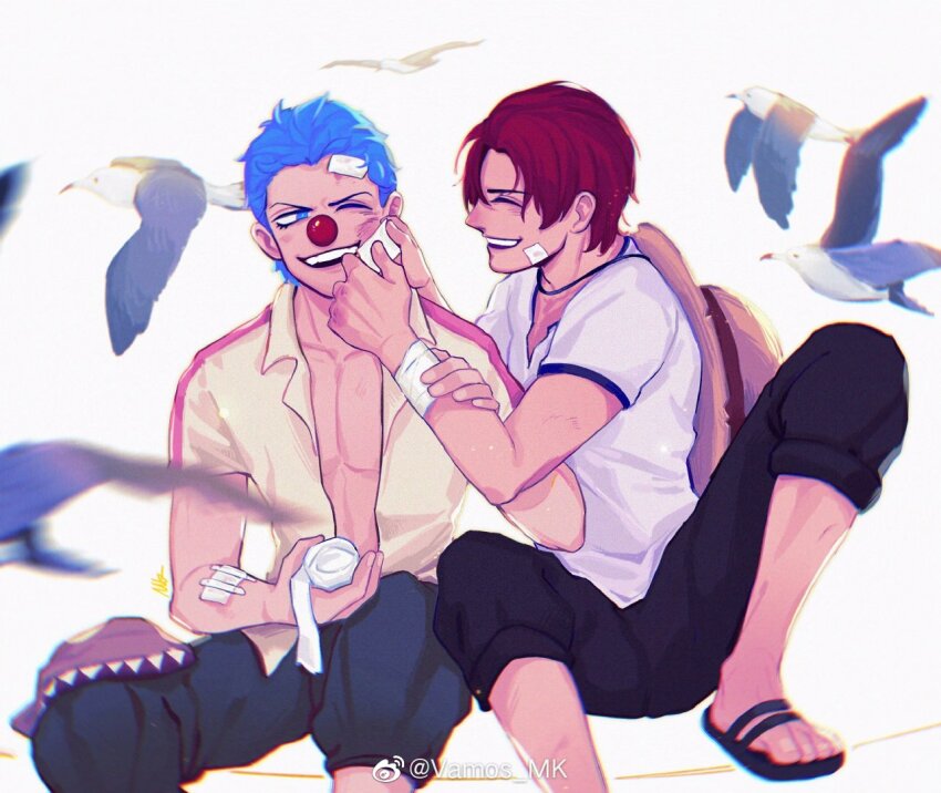 2boys aged_down bandaged_arm bandages bird black_pants blue_eyes blue_hair buggy_the_clown closed_eyes clown_nose collarbone commentary_request facing_another grin hat_on_back injury male_focus multiple_boys one_piece open_clothes open_shirt pants red_hair sandals seagull shanks_(one_piece) short_hair sitting smile vamos_mk white_background