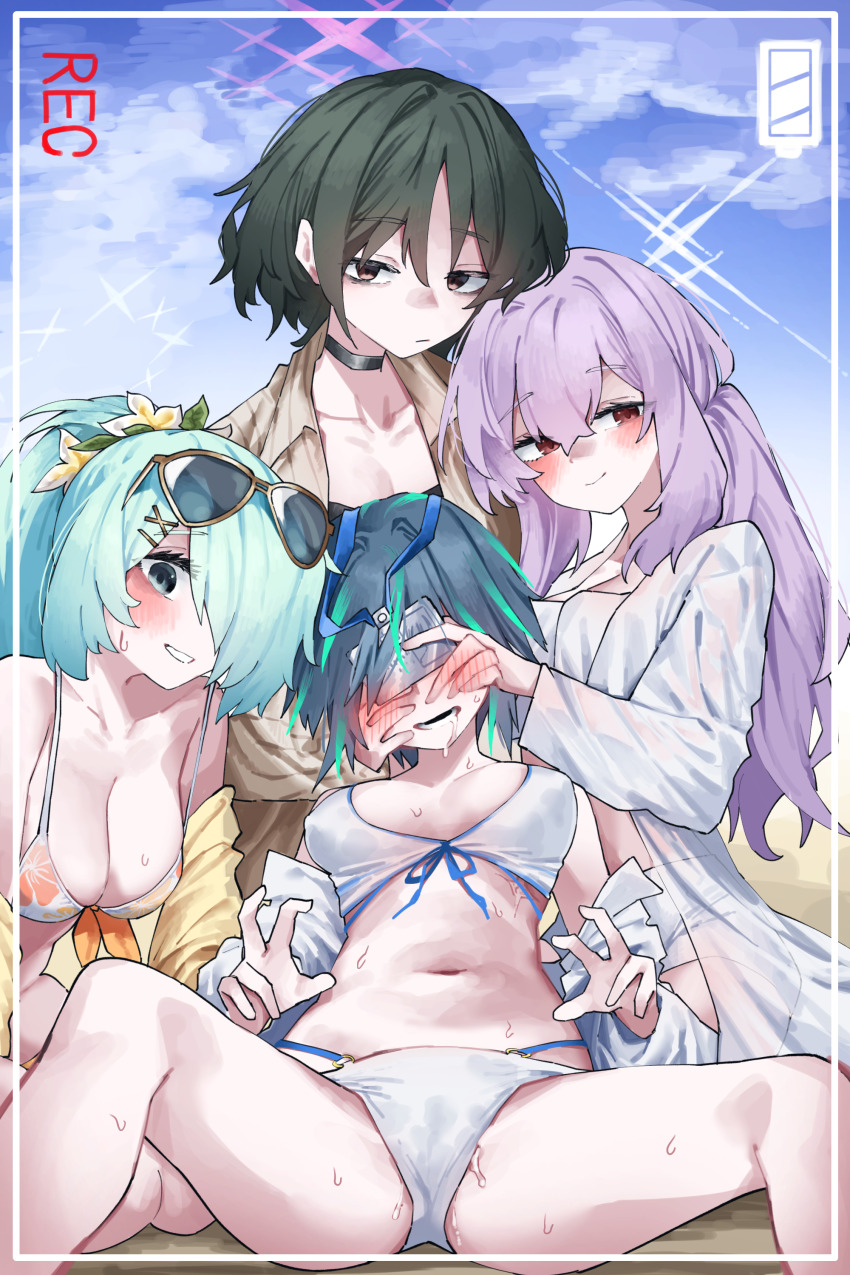 4girls absurdres aqua_hair atsuko_(blue_archive) atsuko_(swimsuit)_(blue_archive) bare_legs bikini black_hair blue_archive blush breasts cleavage collarbone commentary_request covered_erect_nipples covered_eyes double_w drooling fake_phone_screenshot fake_screenshot feet_out_of_frame female_sensei_(blue_archive) green_hair halo harem highres hiyori_(blue_archive) hiyori_(swimsuit)_(blue_archive) lanyard large_breasts looking_at_viewer misaki_(blue_archive) misaki_(swimsuit)_(blue_archive) multiple_girls navel official_alternate_costume outdoors purple_hair recording saliva sensei_(blue_archive) smile spread_legs stomach surrounded sweat swimsuit vivo_(vivo_sun_0222) w white_bikini yuri