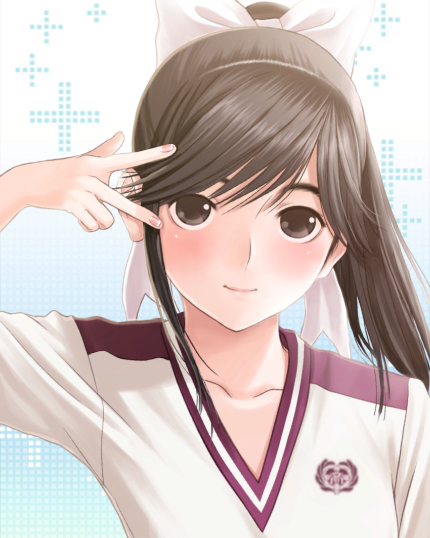 1girl aqua_background arm_up blush bow brown_eyes brown_hair closed_mouth collarbone fingernails gradient_background gym_uniform hair_bow hair_ribbon highres inward_w long_hair looking_at_viewer love_plus official_art pink_lips pink_nails plus_sign ponytail portrait ribbon short_sleeves solo takane_manaka w w_over_eye white_bow
