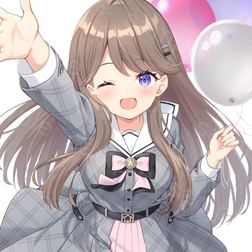 1girl 4th_live_dream_~bloom_the_dream_believers~ ;d balloon black_bow black_bowtie bow bowtie breasts brown_hair commentary_request dress flower_stand_art fujishima_megumi grey_dress hair_ornament hairclip hanazora_satsuki holding holding_balloon josho_kiryu_(love_live!) large_breasts link!_like!_love_live! long_sleeves looking_at_viewer love_live! official_alternate_costume one_eye_closed open_mouth parallel_hairclips plaid_clothes plaid_dress pleated_dress purple_eyes sailor_collar sailor_dress sample_watermark smile solo virtual_youtuber watermark watermark_grid white_background white_sailor_collar