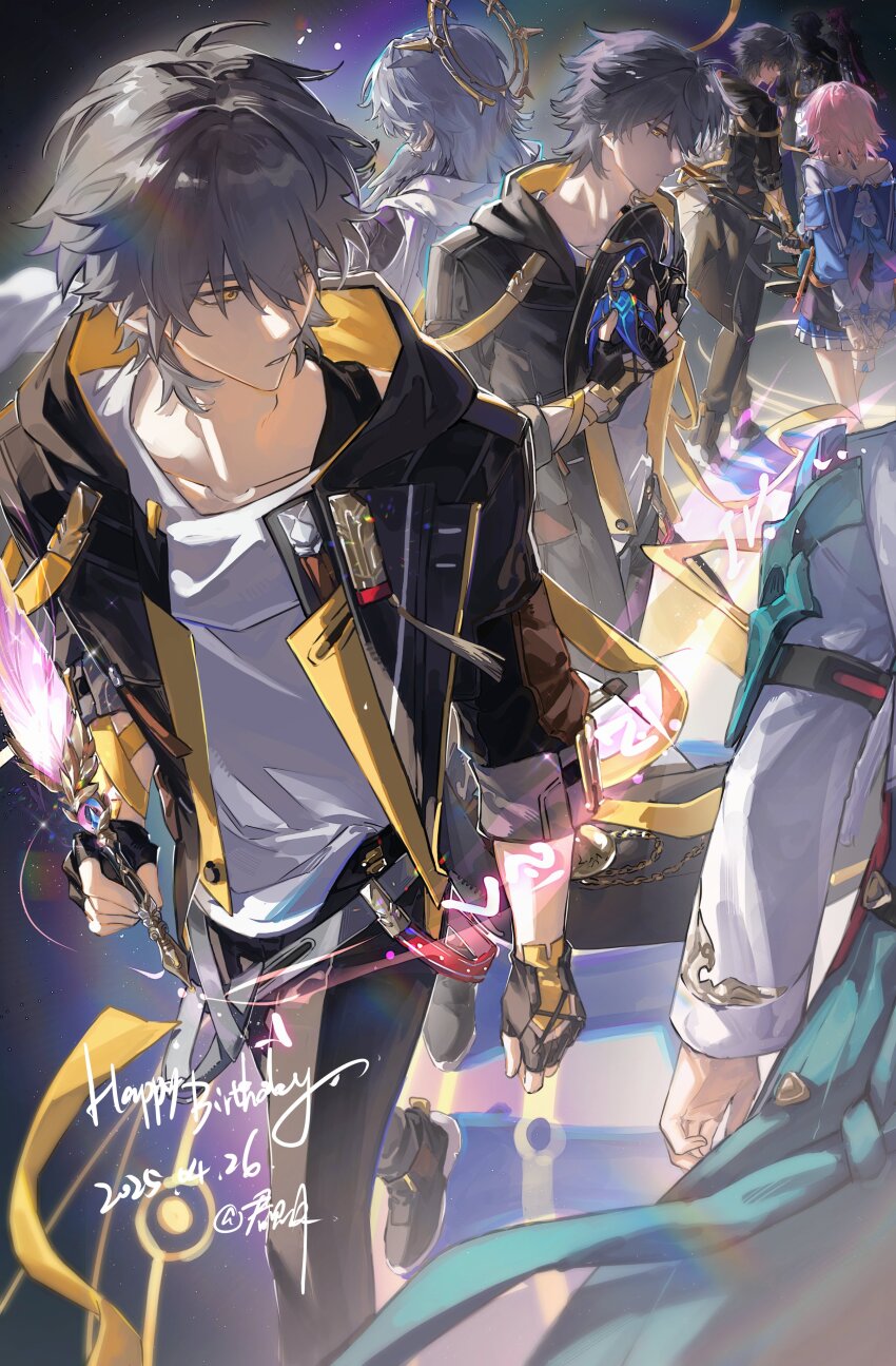 2girls 6+boys absurdres an_junjyue anniversary arms_behind_back artist_name back bare_shoulders black_boots black_coat black_gloves black_hat black_jacket black_pants blue_jacket blue_skirt boots bow caelus_(honkai:_star_rail) chain chinese_clothes closed_mouth coat collarbone dan_heng_(honkai:_star_rail) dan_heng_(hunt)_(honkai:_star_rail) dated english_text feathered_wings feathers fingerless_gloves flower_ornament gloves gold_chain grey_hair hair_between_eyes halo halo_behind_head happy_birthday hat head_wings high_ponytail highres holding holding_unworn_clothes holding_unworn_hat honkai:_star_rail honkai_(series) hood hooded_coat jacket kafka_(honkai:_star_rail) long_sleeves looking_at_another march_7th_(honkai:_star_rail) march_7th_(preservation)_(honkai:_star_rail) multiple_boys multiple_girls multiple_persona off-shoulder_shirt off_shoulder open_clothes open_coat pants piercing pink_hair pleated_skirt pocket_watch ponytail puffy_long_sleeves puffy_sleeves purple_hair shirt short_hair sidelocks skirt spider_web_print standing sunday_(honkai:_star_rail) t-shirt teeth trailblazer&#039;s_hat_(honkai:_star_rail) trailblazer_(honkai:_star_rail) two-sided_coat two-sided_fabric unworn_hat unworn_headwear walking watch white_bow white_coat white_jacket white_shirt wing_piercing wings yellow_coat yellow_eyes