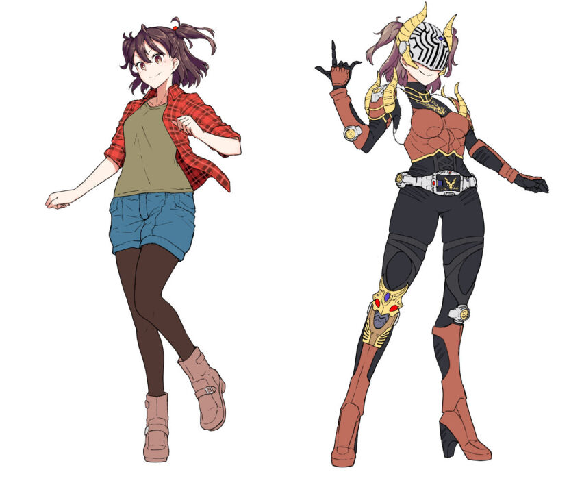 2girls armor belt black_bodysuit blue_shorts bodysuit boots brown_armor brown_boots brown_eyes brown_hair brown_pantyhose closed_mouth commentary dual_persona eidenjyou1997 eye_mask fake_horns full_body fur-trimmed_armor fur_trim genderswap genderswap_(mtf) green_shirt hair_bobbles hair_ornament high_heel_boots high_heels horned_headwear horns jacket kamen_rider kamen_rider_imperer kamen_rider_ryuki_(series) knee_boots looking_at_viewer medium_hair multiple_girls open_clothes open_jacket pantyhose pantyhose_under_shorts plaid_clothes plaid_jacket rider-tan rider_belt sano_mitsuru_(kamen_rider) shirt short_twintails shorts simple_background smile standing standing_on_one_leg twintails v_buckle white_background