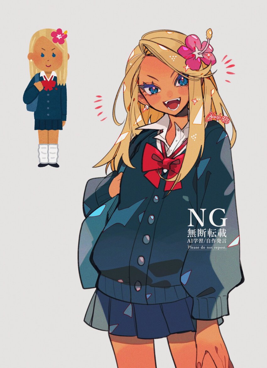 1girl bag blonde_hair blue_cardigan blue_eyes blue_skirt blush bow bowtie cardigan collared_shirt colored_eyelashes cowboy_shot earrings english_text fangs flower gyaru hair_flower hair_ornament hibiscus highres irasutoya irasutoya_challenge jewelry kawasaki_(kwsk_8765) long_hair open_mouth pink_flower pleated_skirt red_bow red_bowtie school_uniform shirt shoulder_bag skirt smile tan twitter_username white_shirt