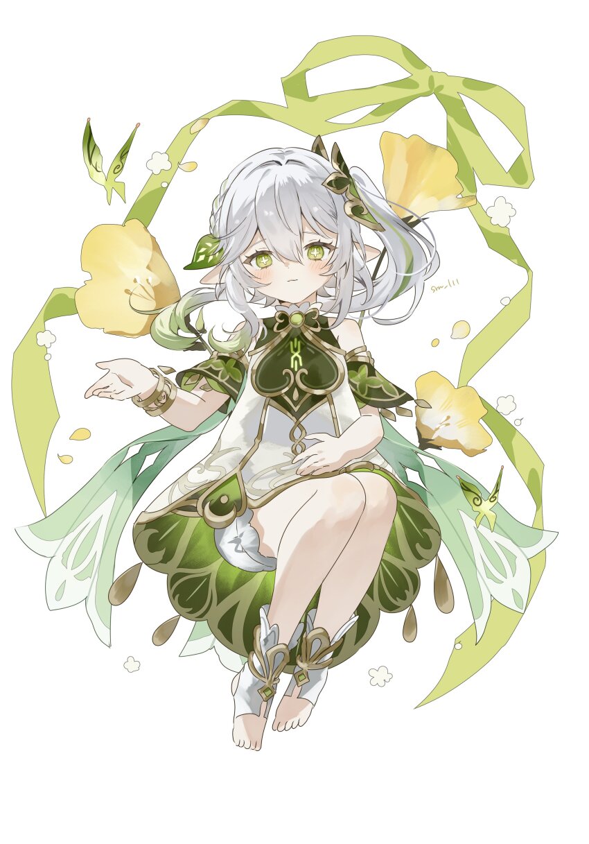 1girl absurdres bloomers blush bracelet cape closed_mouth crystalfly_(genshin_impact) detached_sleeves dress flower full_body genshin_impact gold_trim gradient_hair green_cape green_eyes green_hair green_sleeves hair_between_eyes hair_ornament hand_up harem_outfit highres invisible_chair jewelry leaf_hair_ornament long_hair multicolored_hair nahida_(genshin_impact) pointy_ears side_ponytail sitting sleeveless sleeveless_dress solo sorani_(kaeru0768) star-shaped_pupils star_(symbol) stirrup_legwear symbol-shaped_pupils toeless_legwear toes underwear white_bloomers white_dress white_hair yellow_flower