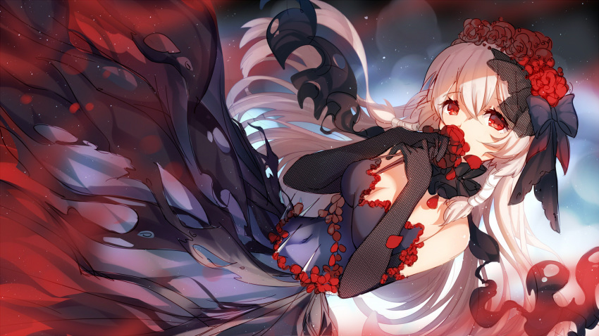 1girl bison_cangshu black_bow black_dress black_gloves bow breasts chaser_(warship_girls_r) cleavage covered_erect_nipples dress elbow_gloves female_focus flower gloves hair_bow hair_flower hair_ornament highres large_breasts long_hair looking_at_viewer petals red_eyes red_flower red_rose rose rose_petals solo very_long_hair warship_girls_r white_hair