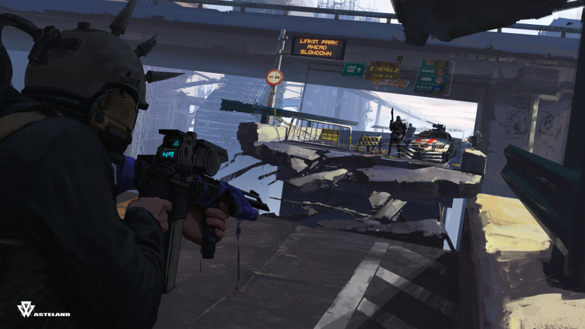 3others absurdres assault_rifle bridge car cityscape combat_helmet daxi4ng destruction from_behind guard_rail gun heavy_machine_gun helmet highres impasto linkin_park m4_carbine machine_gun motor_vehicle multiple_others original post-apocalypse rifle road_sign roadblock scenery sign solo_focus spiked_helmet tape weapon