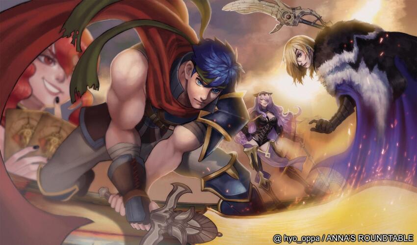 2boys 2girls anna_(fire_emblem) areadbhar_(fire_emblem) black_nails blonde_hair blue_eyes blue_hair camilla_(fire_emblem) cape dimitri_alexandre_blaiddyd dimitri_alexandre_blaiddyd_(timeskip) fire_emblem fire_emblem:_radiant_dawn fire_emblem:_three_houses fire_emblem_fates green_headband headband highres holding holding_sword holding_weapon hyo_oppa ike_(fire_emblem) in-franchise_crossover long_hair multiple_boys multiple_girls muscular muscular_male nintendo purple_hair ragnell red_cape red_eyes red_hair short_hair sword weapon