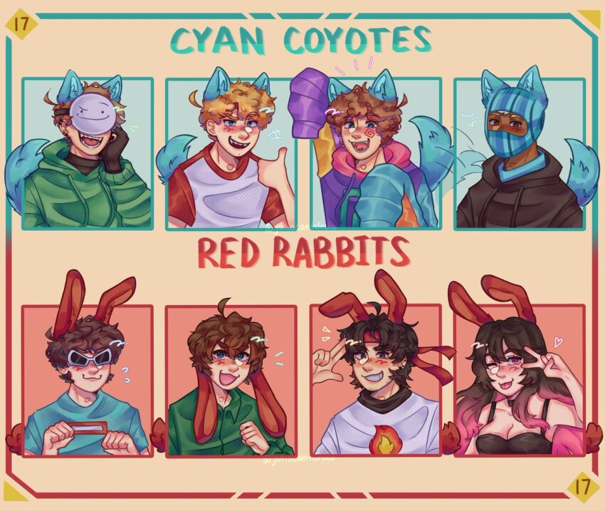 1girl 6+boys :3 :d ^^^ adapted_costume ahoge animal_ears aqua_shirt arm_up balaclava beard_stubble black_choker black_dress black_gloves black_hoodie blonde_hair blue_eyes blush border breasts brown_eyes brown_hair choker cleavage collared_shirt commentary curly_hair cyan_coyotes_(mc_championship) dark-skinned_male dark_skin drawstring dream_(youtuber) dress dropsbyponk english_commentary english_text esports extra_ears facial_hair fangs fire georgenotfound gloves gradient_hair green_hoodie green_shirt hand_on_own_face hand_up hands_up happy headband hood hood_down hoodie indie_virtual_youtuber juliacantdraw karl_jacobs kemonomimi_mode large_breasts light_brown_hair long_hair long_sleeves looking_at_viewer lop_rabbit_ears mask mc_championship minecraft_youtube multicolored_hair multicolored_hoodie multicolored_shirt multiple_boys one_eye_closed open_mouth paw_pose pink_eyes pink_hair rabbit_boy rabbit_ears rabbit_girl rabbit_tail raised_eyebrow red_headband red_rabbits_(mc_championship) red_shirt salute sapnap sharp_teeth shirt short_hair short_sleeves sicle sleeveless sleeveless_dress sleeves_past_fingers sleeves_past_wrists smile smiley_face spiral stubble sunglasses t-shirt tail tail_wagging teeth thumbs_up tommyinnit tongue tongue_out tubbo two-finger_salute two-tone_hair upper_body v v_over_eye very_long_hair vgumiho virtual_youtuber watermark white-framed_eyewear white_mask white_shirt wolf_boy wolf_ears wolf_tail