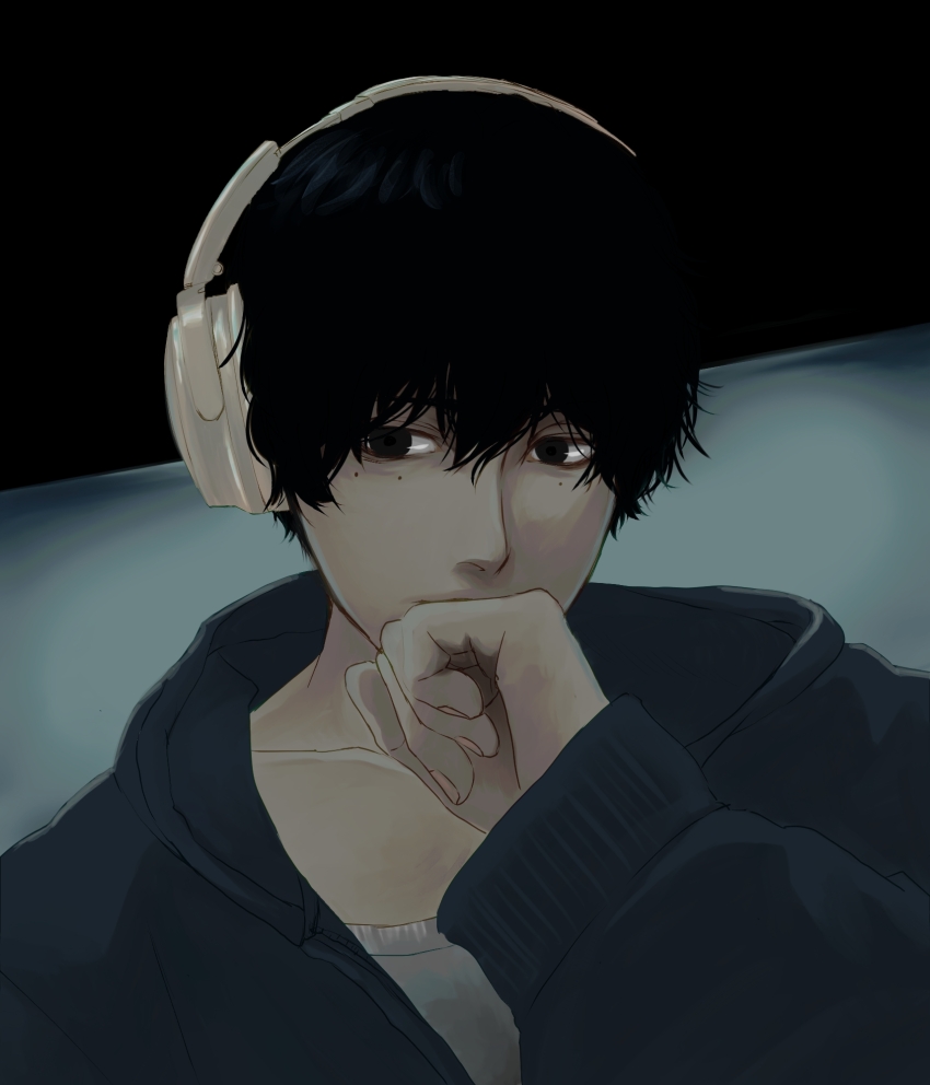 1boy black_eyes black_jacket hair_between_eyes hand_up highres jacket long_sleeves male_focus mole mole_under_eye sakamoto_days seba_natsuki short_hair solo toca upper_body