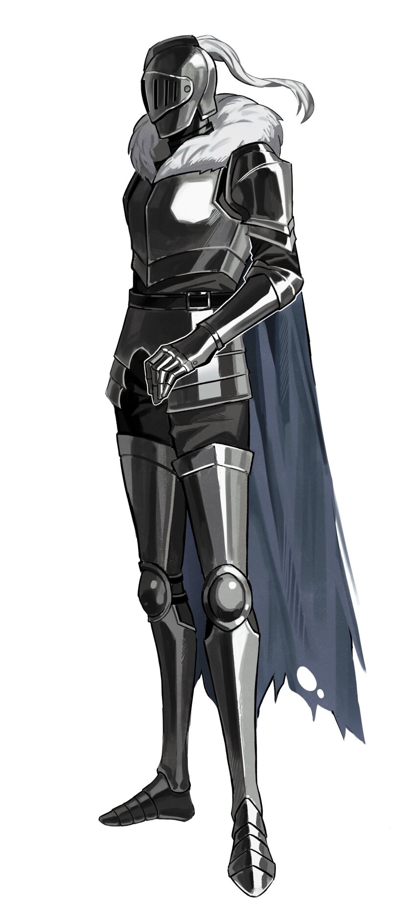 1boy absurdres armor armored_boots asdf1211950 belt black_belt black_pants black_souls blue_cape boots cape full_armor full_body fur_collar gauntlets grimm_(black_souls) helmet highres pants pauldrons shoulder_armor simple_background solo thigh_boots white_background