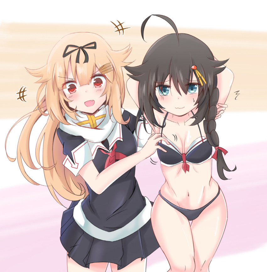2girls ahoge armpits arms_up bikini black_bikini black_hair black_ribbon black_serafuku blonde_hair blue_eyes braid breasts cleavage cyberdemon_no3 facing_viewer front-tie_top hair_between_eyes hair_flaps hair_ornament hair_over_shoulder hair_ribbon hairclip highres kantai_collection long_hair looking_at_viewer multiple_girls neckerchief pleated_skirt red_eyes ribbon sailor_bikini sailor_collar scarf school_uniform serafuku shigure_(kancolle) single_braid skirt swimsuit tickling tickling_armpits tickling_breasts white_scarf yuudachi_(kancolle)