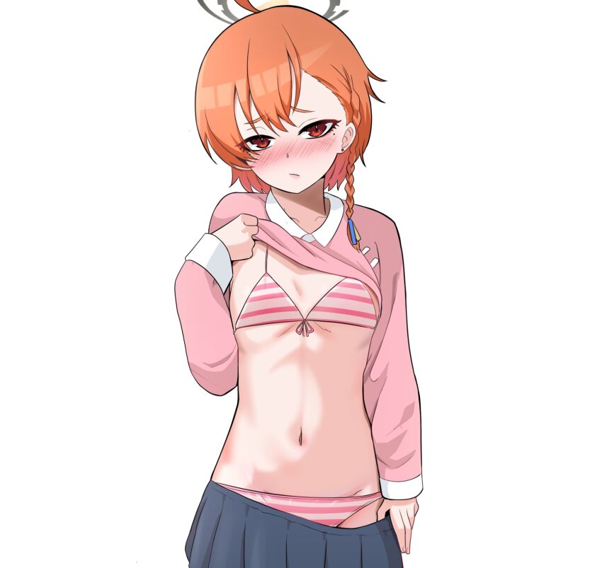 1girl ahoge bikini bikini_under_clothes blue_archive blush braid breasts clothes_lift clothes_pull earrings embarrassed hair_ornament halo jewelry kindergarten_uniform lips loli mole mole_under_each_eye mole_under_eye multiple_moles navel neru_(blue_archive) orange_hair pink_bikini pink_shirt red_eyes shirt shirt_lift short_hair side_braid skirt skirt_pull sleepnya small_breasts solo standing striped_bikini striped_clothes swimsuit undressing white_background white_bikini